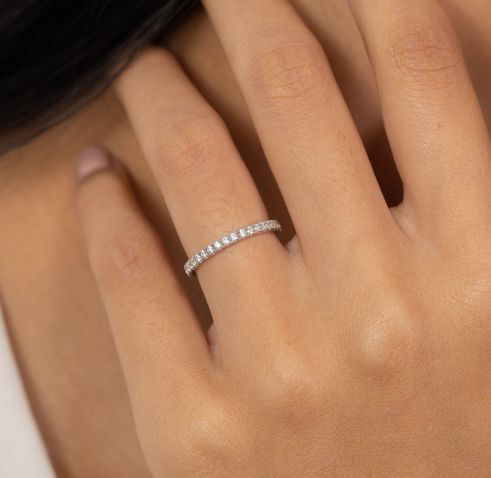 1.8mm Micro Pave Eternity Moissanite Ring, Delicate Moissanite Wedding Band, Full Eternity Stacking Ring, Anniversary Gift for Her