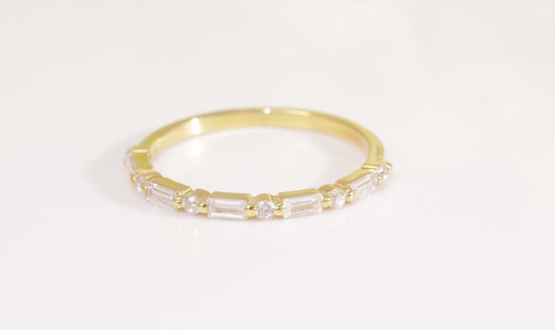 Baguette Diamond Wedding Ring, Alternating Baguette Diamond and Round Diamond Half Eternity Ring, Vintage Wedding Band