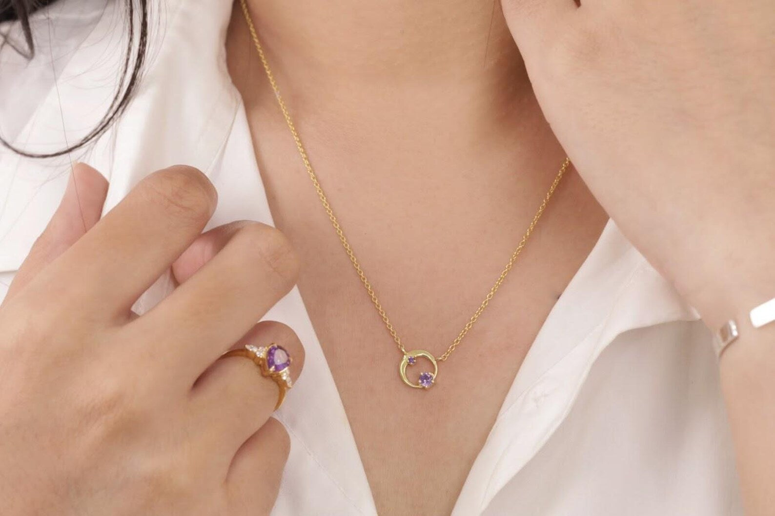 Amethyst Karma Circle Necklace, February Birthstone Necklace, Open Circle Karma Necklace, Minimalist Circle Necklace, Layering Necklace