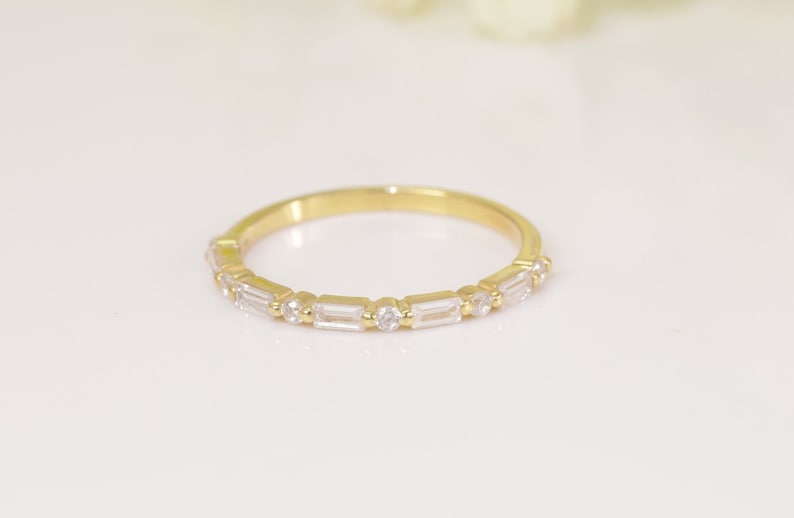 Baguette Diamond Wedding Ring, Alternating Baguette Diamond and Round Diamond Half Eternity Ring, Vintage Wedding Band