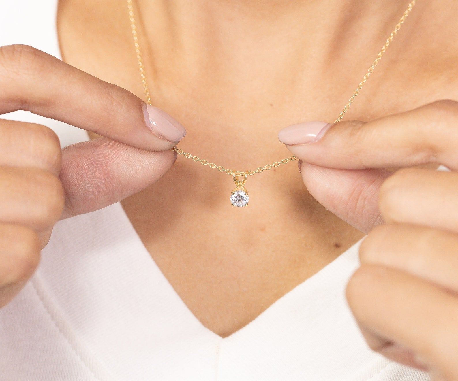 5mm Diamond Solitaire Necklace, Bezel Set Layered Necklace Gift for Her, Bridal Necklace