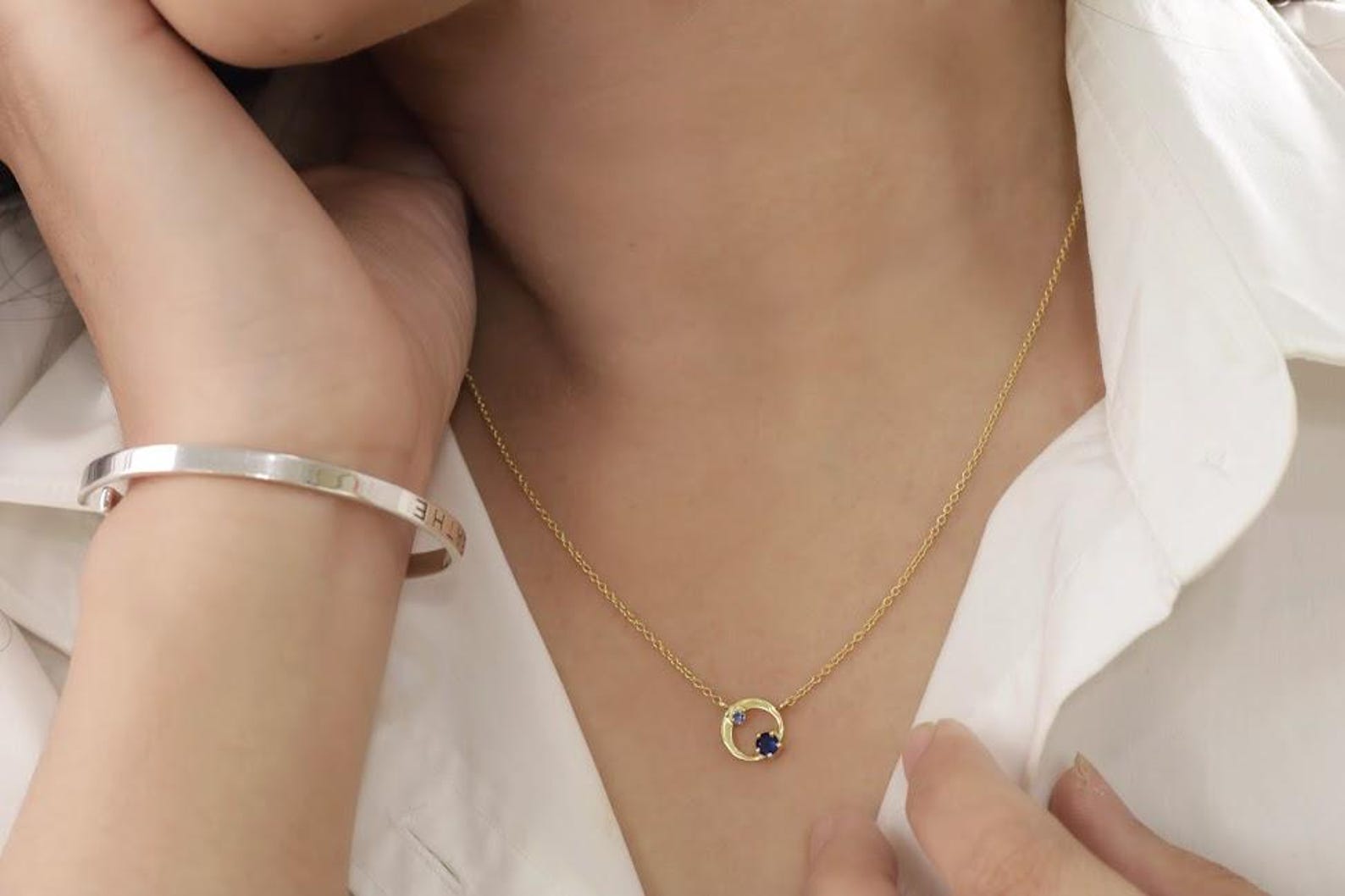 Blue Sapphire Karma Circle Necklace, September Birthstone Gift, Open Circle Karma Necklace, Tiny Circle Necklace, Layering Necklace