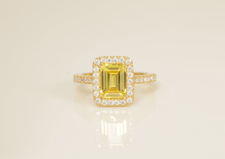 Diamond Halo Yellow Sapphire Engagement Ring, September Birthstone Ring, Bridal Promise Ring, Anniversary Ring Gift for Her