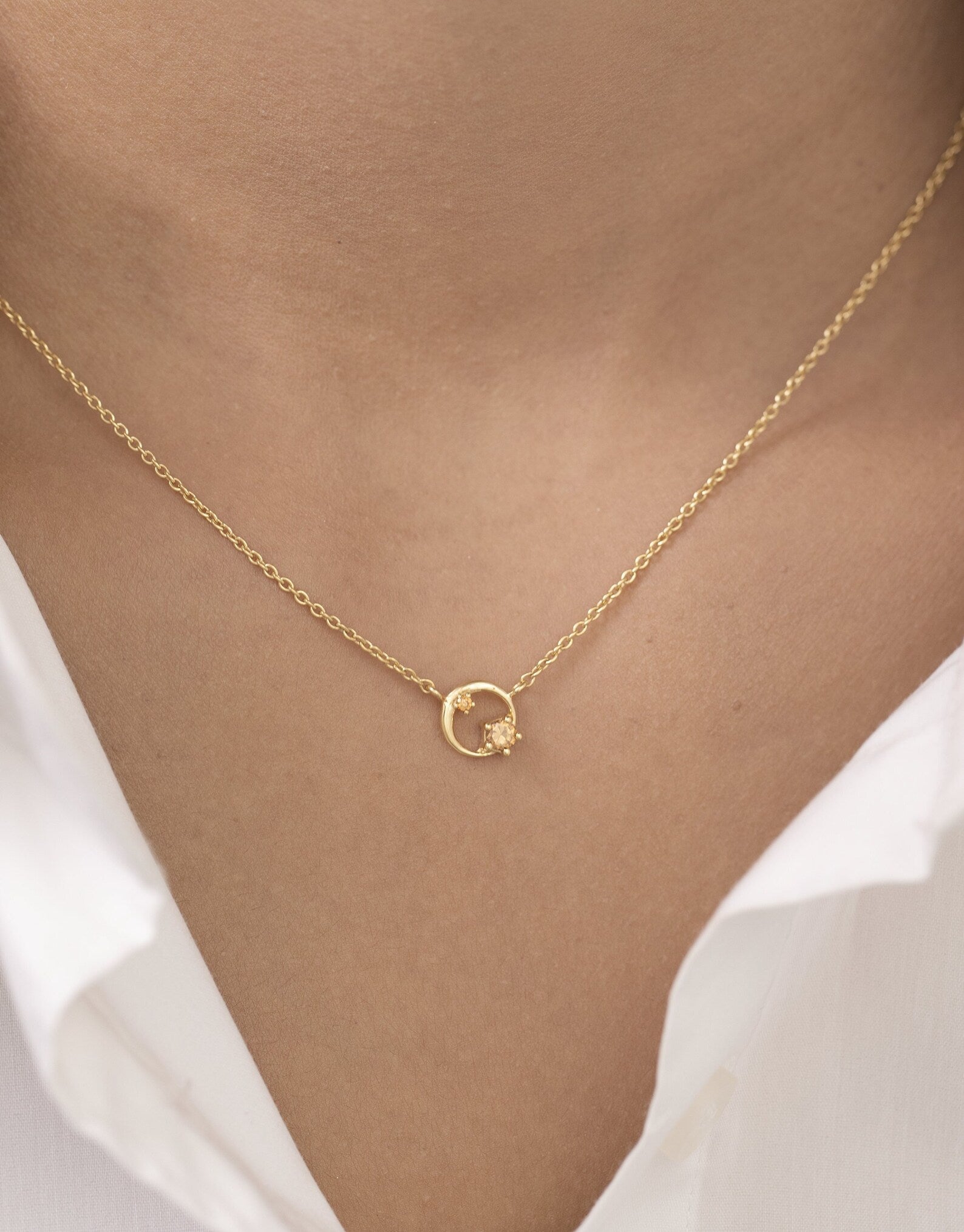 Citrine Circle Necklace, November Birthstone Gift, Open Circle Karma Necklace, Tiny Circle Necklace, Layering Necklace