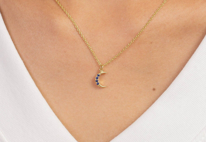 Crescent Moon Blue Sapphire Necklace, September Birthstone Necklace, Unique Necklace Gift for Women, Crescent Charm