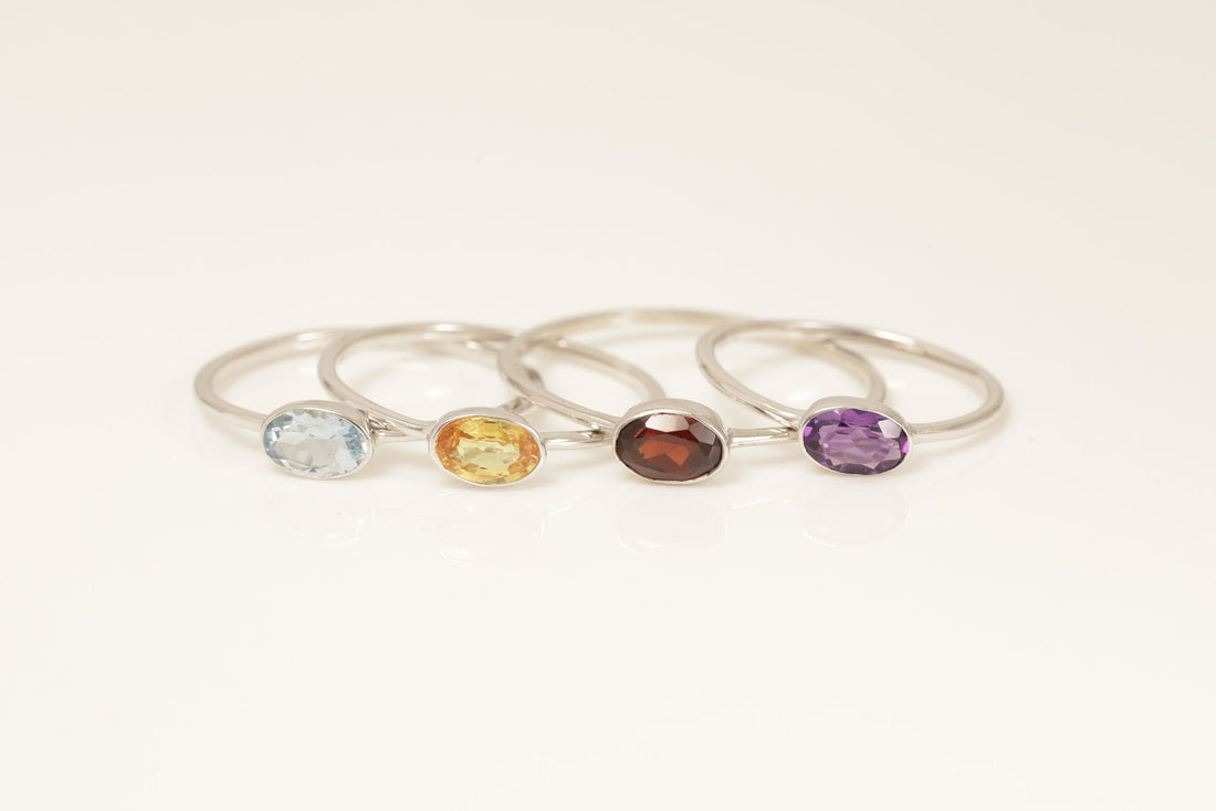 Bezel Set Gemstones Wedding Ring, Birthstone Ring Gift for Her, Bridal Promise Ring, Anniversary Ring
