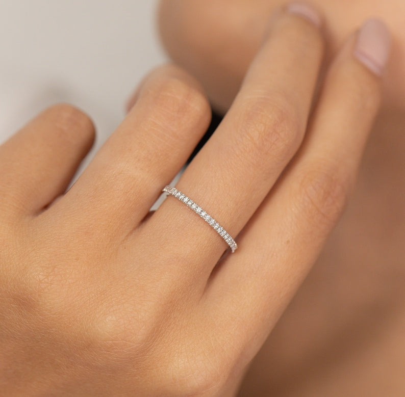 Diamond Wedding Band, Micro Pave Full Eternity Band, Thin Dainty Matching Band, Stacking Ring, Gift for her