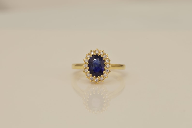 Diamond Halo Blue Sapphire Engagement Ring, September Birthstone Ring, Vintage Style Blue Sapphire Ring, Bridal Proposal Ring