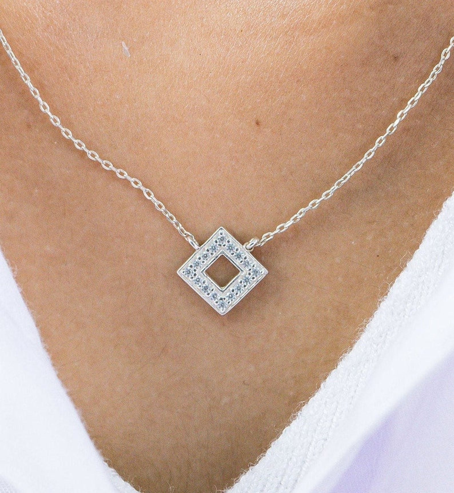 Diamond Open Square Necklace, Square Pedant Necklace Gift for Her, Minimalist Necklace, Geometric Necklace