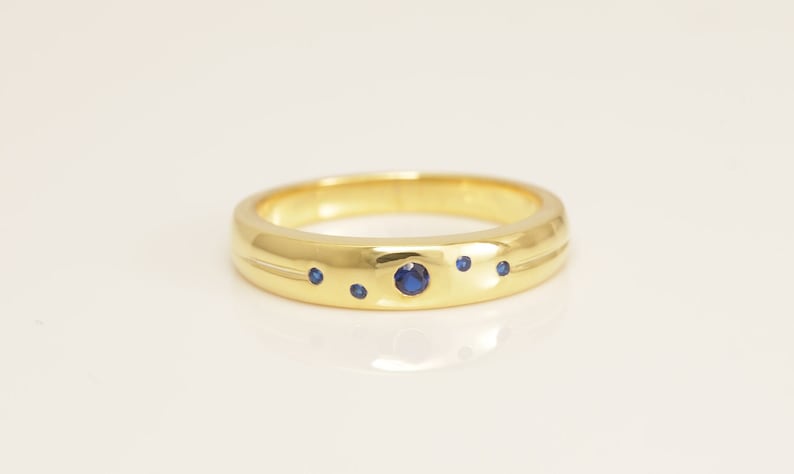 Flush Set Blue Sapphire Wedding Band, September Birthstone Ring, Bezel Set Blue Sapphire Wedding Ring, Anniversary Ring for Women