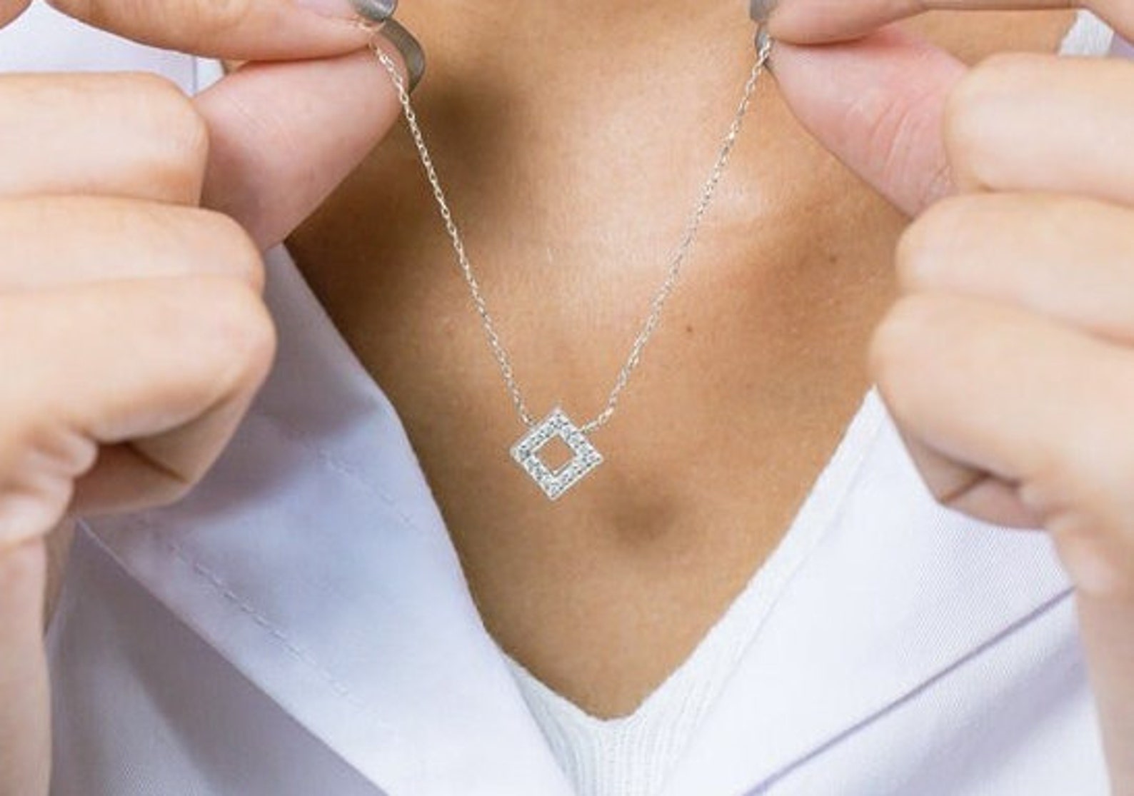 Diamond Open Square Necklace, Square Pedant Necklace Gift for Her, Minimalist Necklace, Geometric Necklace