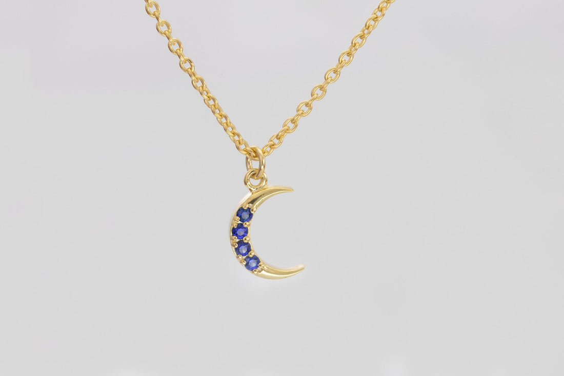 Crescent Moon Blue Sapphire Necklace, September Birthstone Necklace, Unique Necklace Gift for Women, Crescent Charm