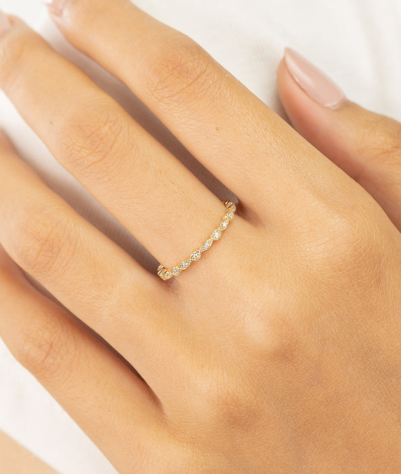 Marquise Shape Art Deco Wedding Band, Full Eternity Band, Vintage Style Band, Stackable Ring for Women