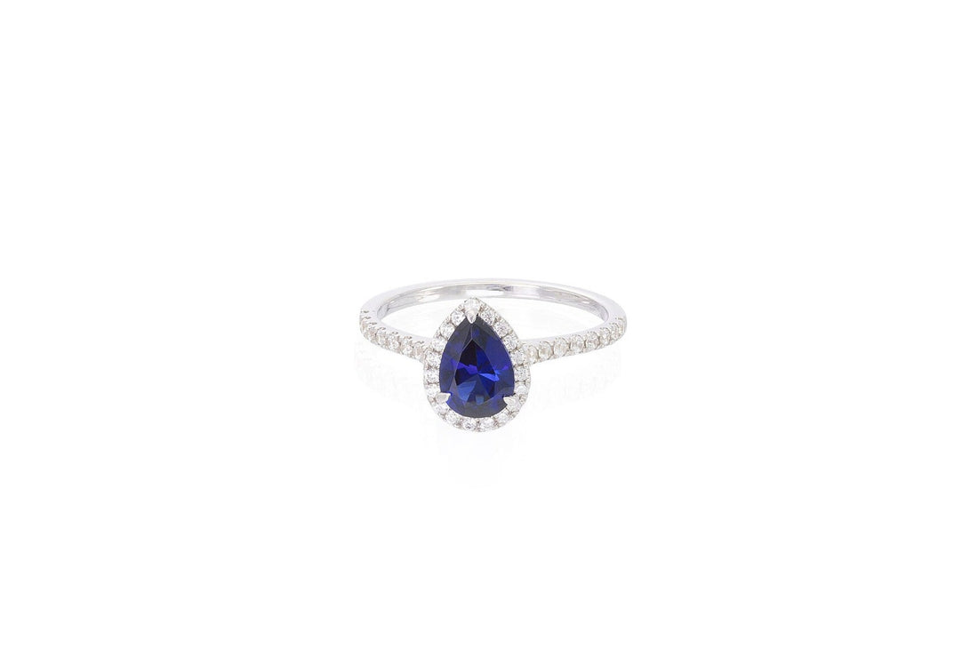 Pear Shaped Blue sapphire Engagement Ring, September Birthstone Ring, Halo Classic Ring, Vintage Blue Anniversary Gift for Women