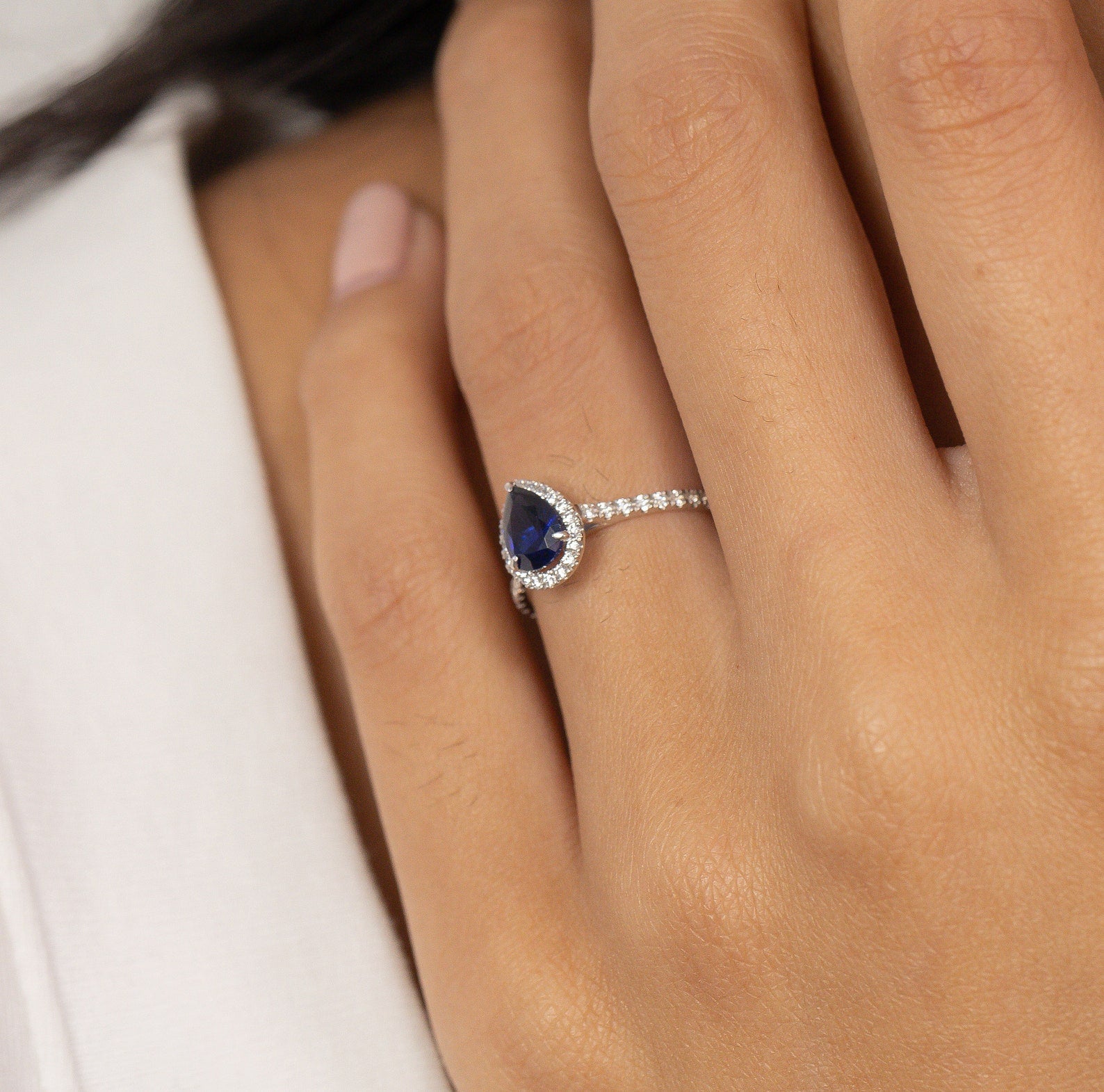 Pear Shaped Blue sapphire Engagement Ring, September Birthstone Ring, Halo Classic Ring, Vintage Blue Anniversary Gift for Women