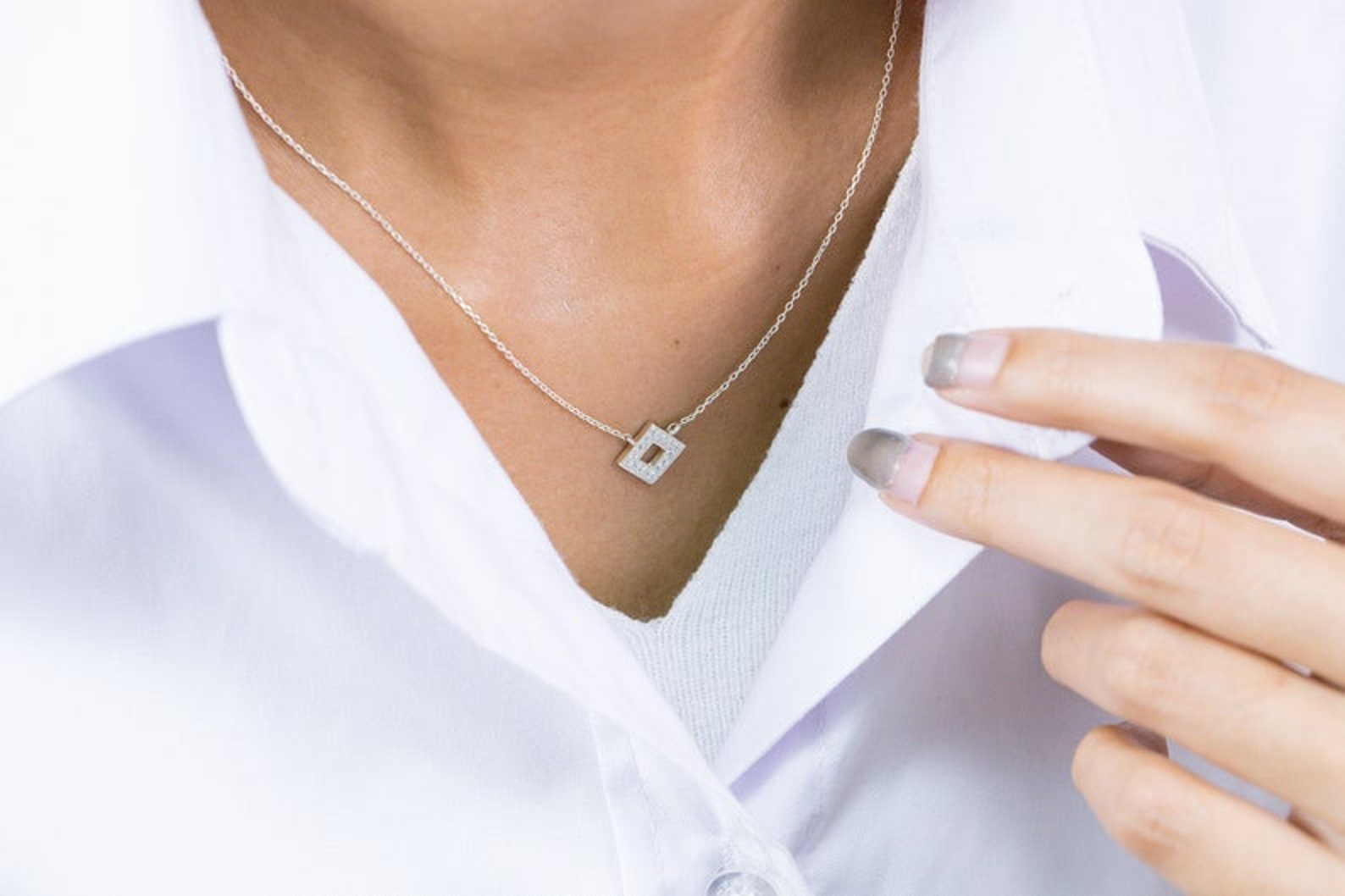 Diamond Open Square Necklace, Square Pedant Necklace Gift for Her, Minimalist Necklace, Geometric Necklace