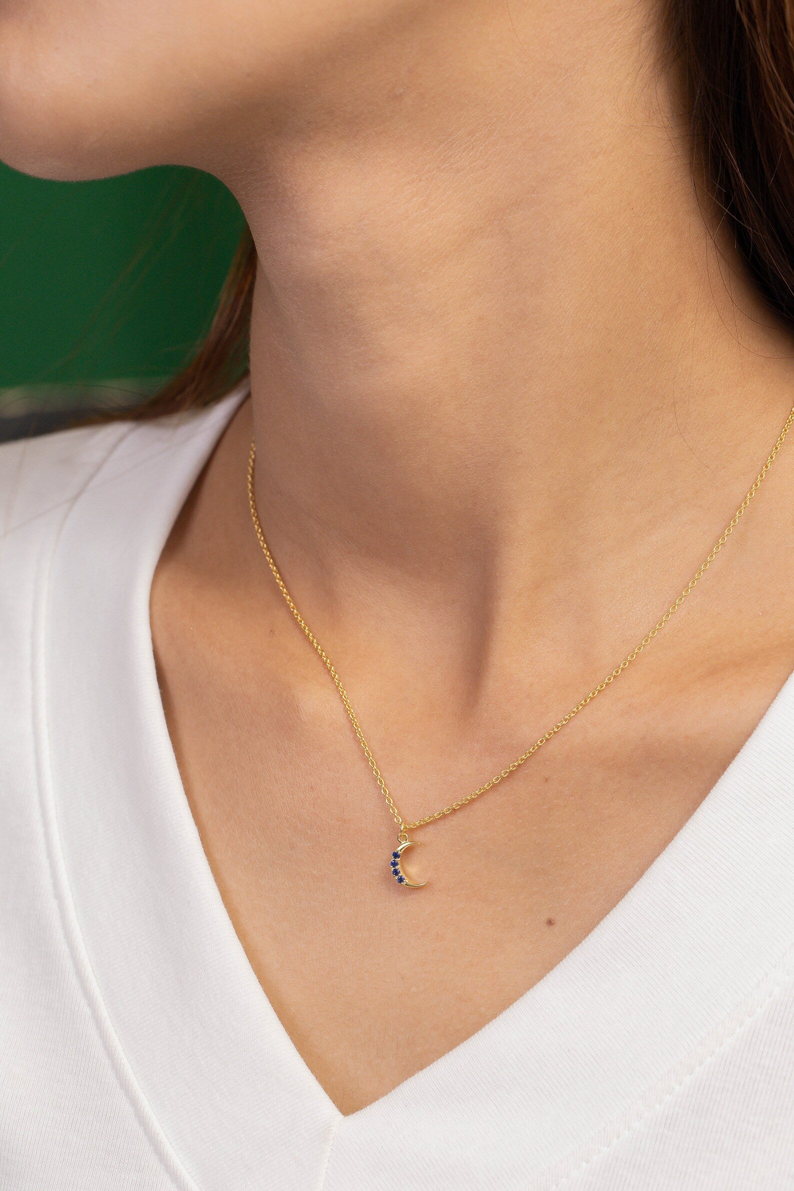 Crescent Moon Blue Sapphire Necklace, September Birthstone Necklace, Unique Necklace Gift for Women, Crescent Charm