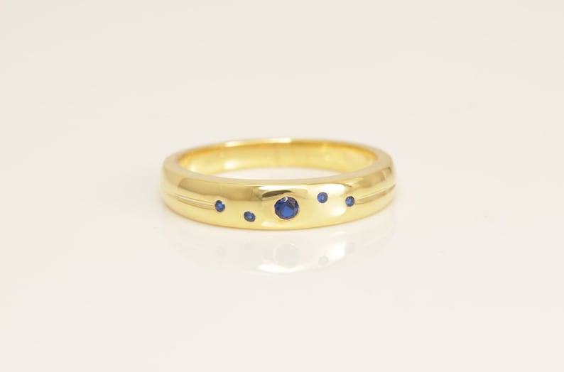 Flush Set Blue Sapphire Wedding Band, September Birthstone Ring, Bezel Set Blue Sapphire Wedding Ring, Anniversary Ring for Women