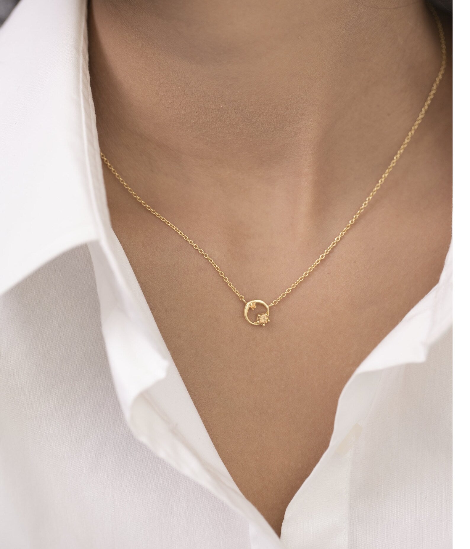 Citrine Circle Necklace, November Birthstone Gift, Open Circle Karma Necklace, Tiny Circle Necklace, Layering Necklace