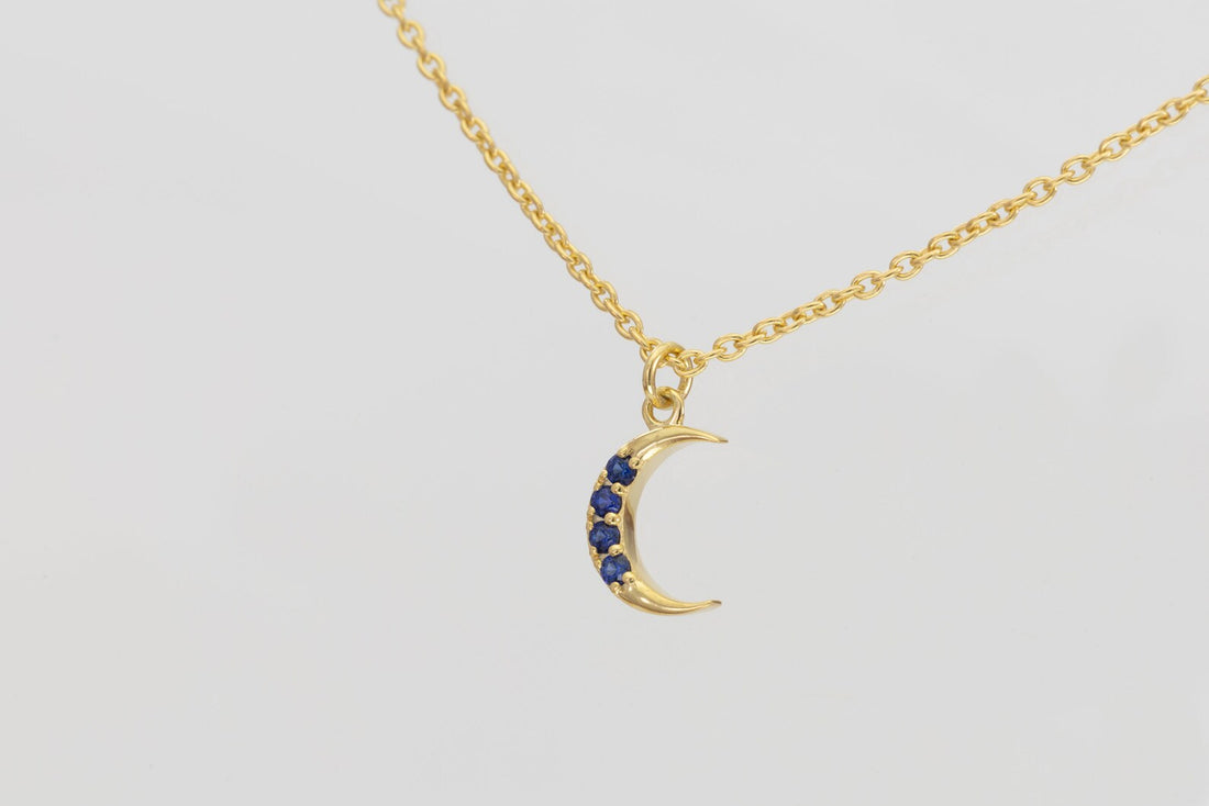 Crescent Moon Blue Sapphire Necklace, September Birthstone Necklace, Unique Necklace Gift for Women, Crescent Charm