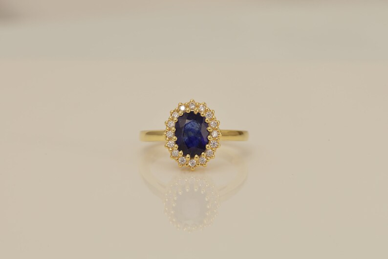 Diamond Halo Blue Sapphire Engagement Ring, September Birthstone Ring, Vintage Style Blue Sapphire Ring, Bridal Proposal Ring
