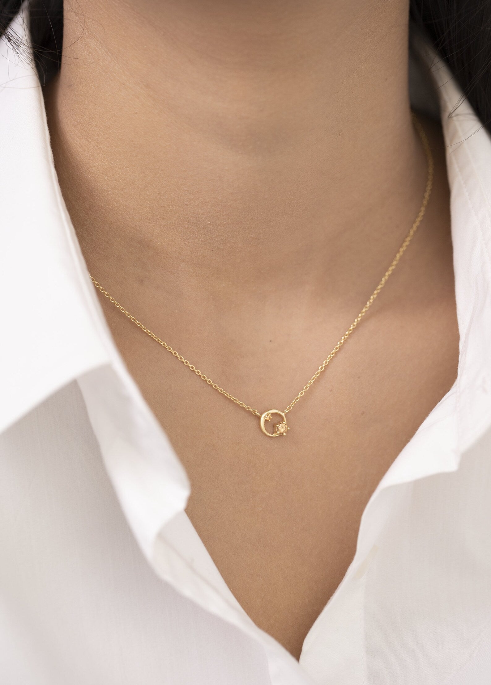 Citrine Circle Necklace, November Birthstone Gift, Open Circle Karma Necklace, Tiny Circle Necklace, Layering Necklace