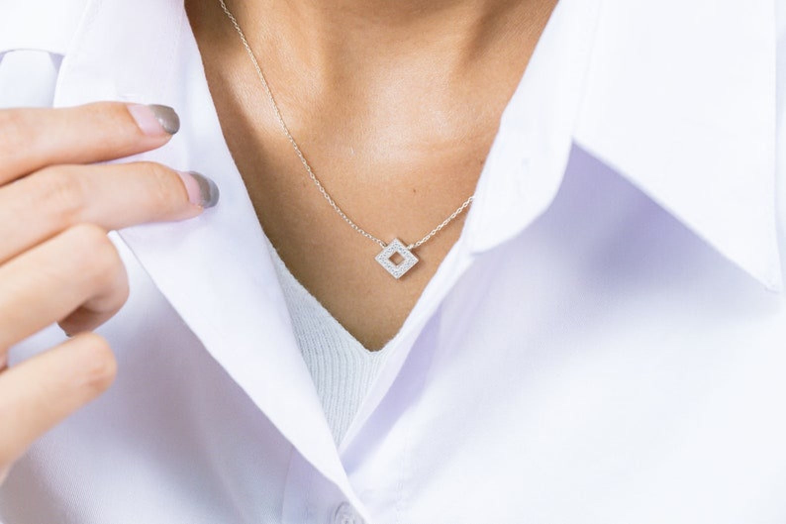 Diamond Open Square Necklace, Square Pedant Necklace Gift for Her, Minimalist Necklace, Geometric Necklace