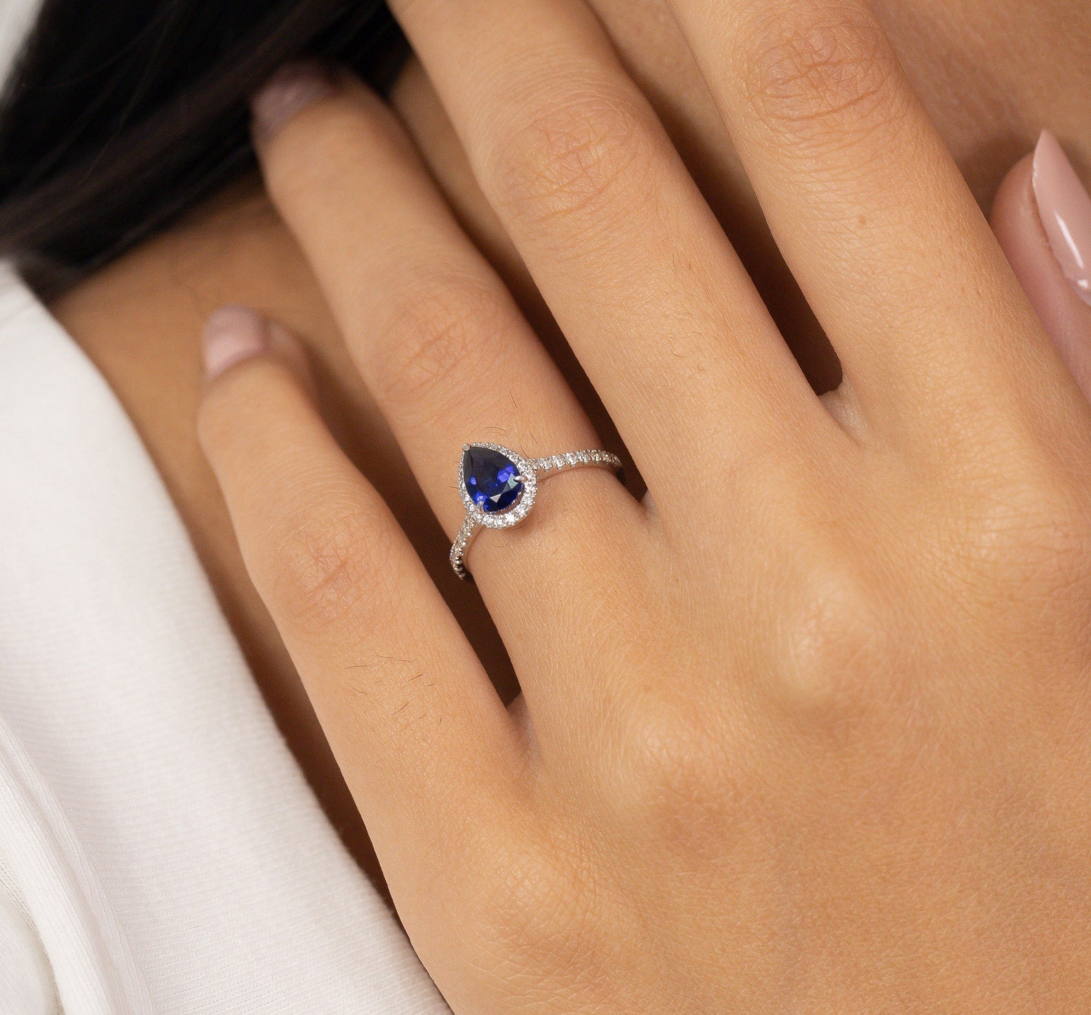 Pear Shaped Blue sapphire Engagement Ring, September Birthstone Ring, Halo Classic Ring, Vintage Blue Anniversary Gift for Women