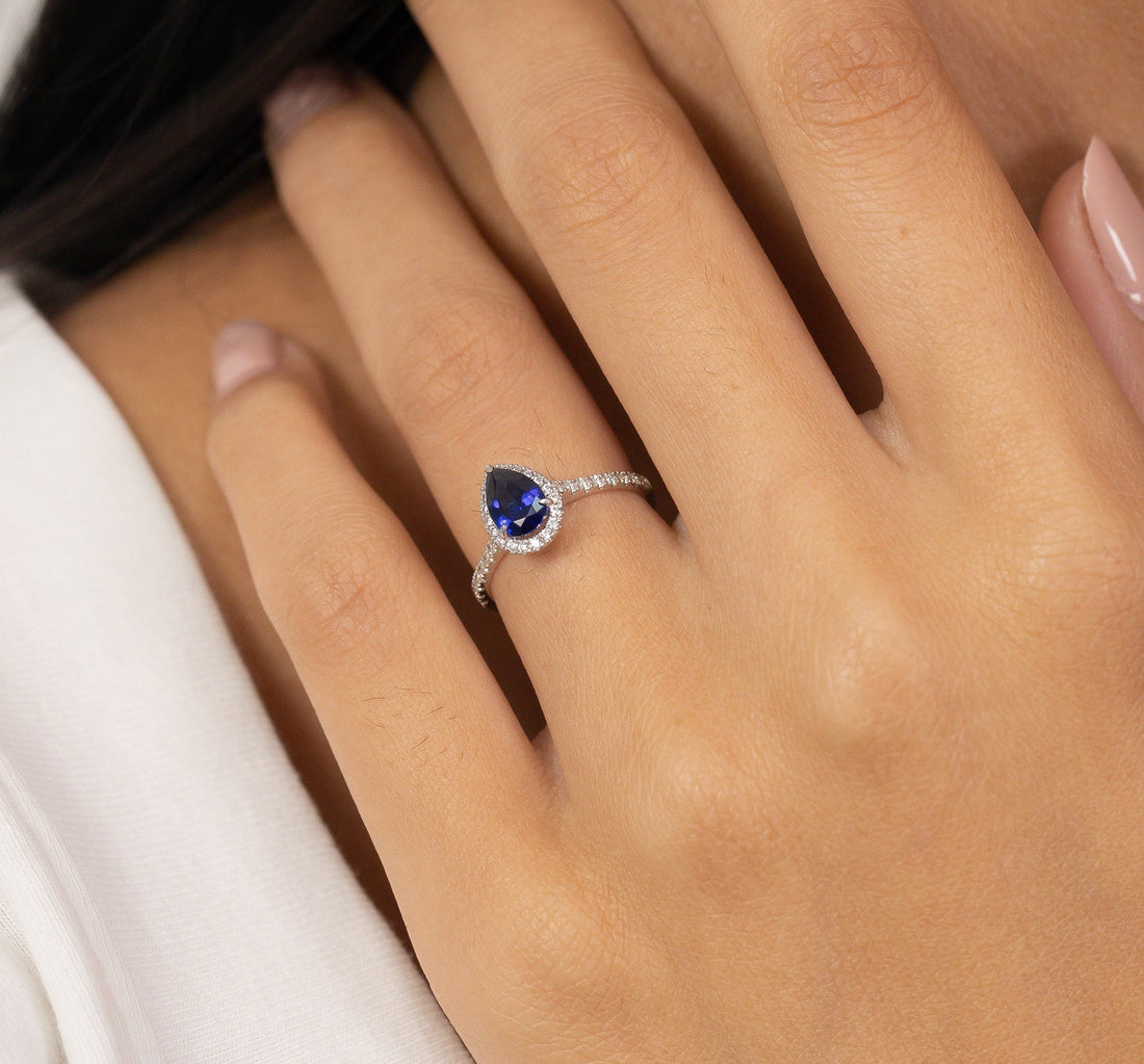 Pear Shaped Blue sapphire Engagement Ring, September Birthstone Ring, Halo Classic Ring, Vintage Blue Anniversary Gift for Women