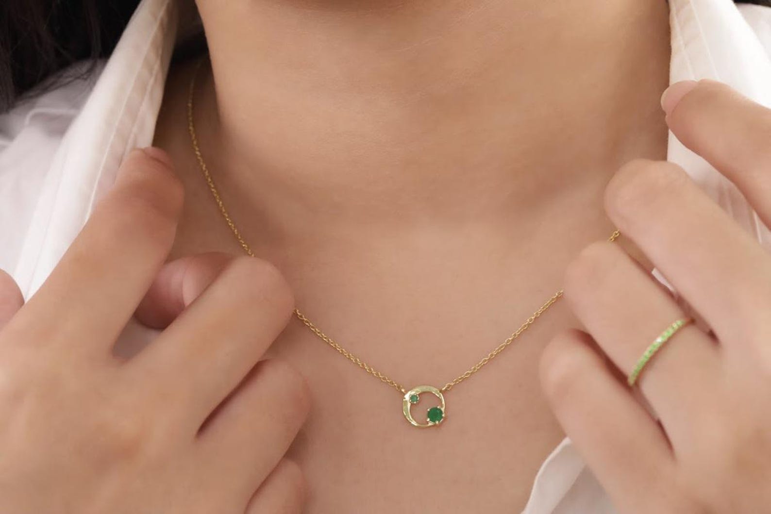 Emerald Karma Circle Necklace, May Birthstone Necklace, Open Circle Karma Necklace, Minimalist Circle Necklace, Layering Necklace