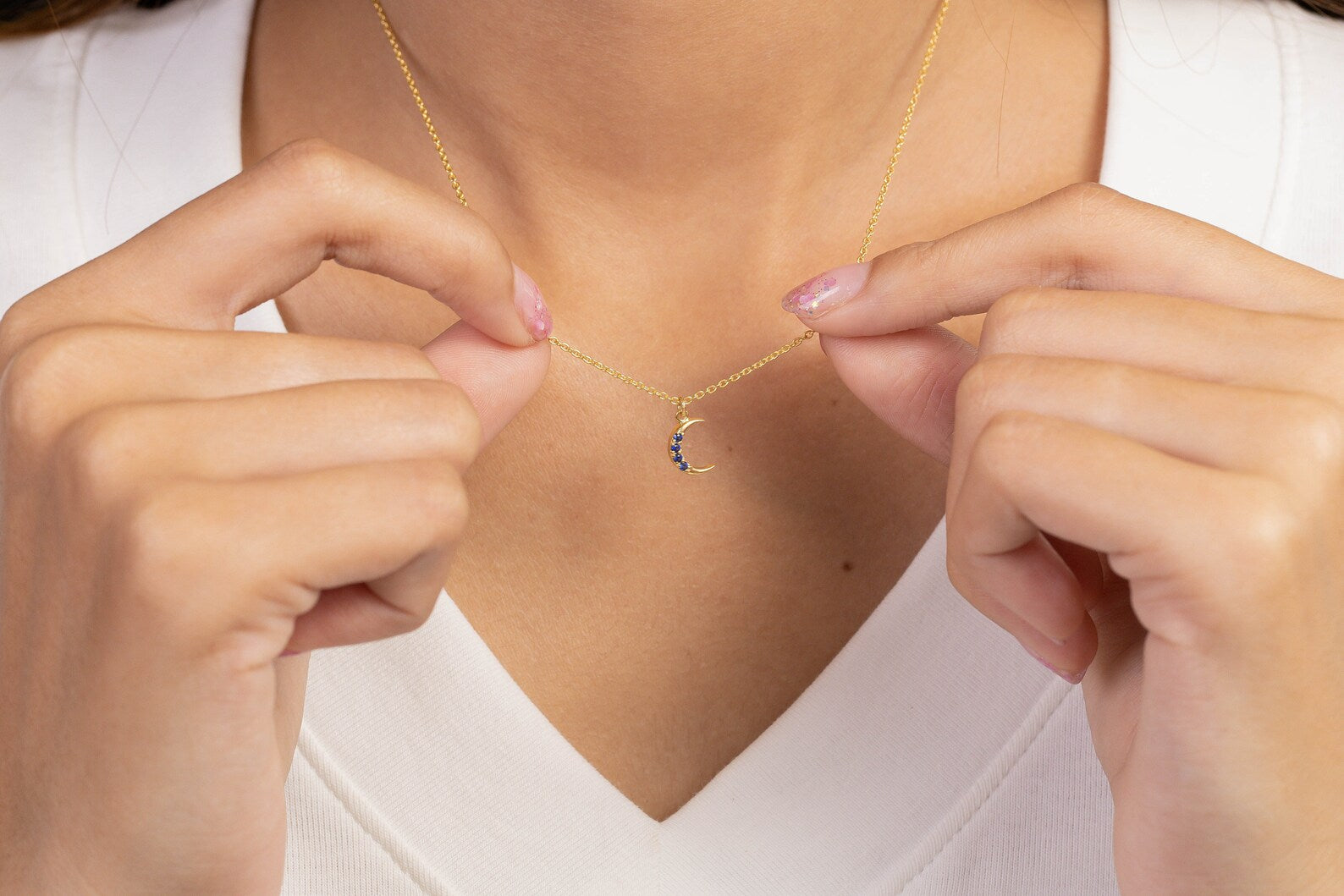 Crescent Moon Blue Sapphire Necklace, September Birthstone Necklace, Unique Necklace Gift for Women, Crescent Charm