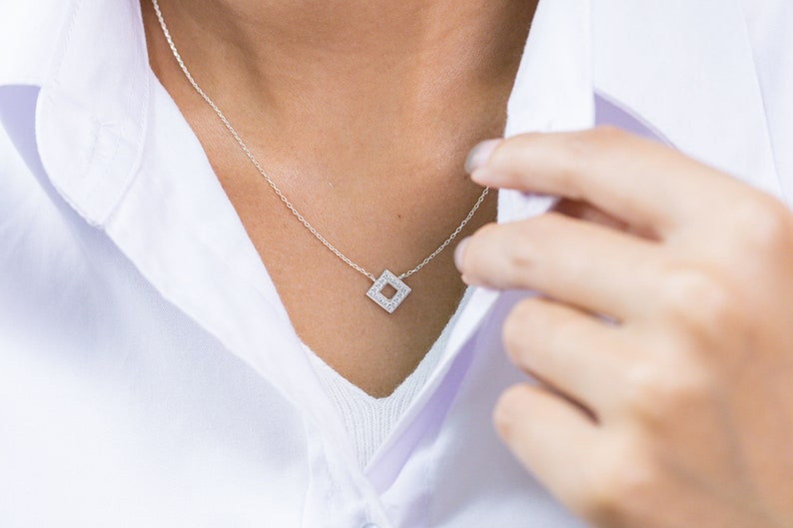Diamond Open Square Necklace, Square Pedant Necklace Gift for Her, Minimalist Necklace, Geometric Necklace