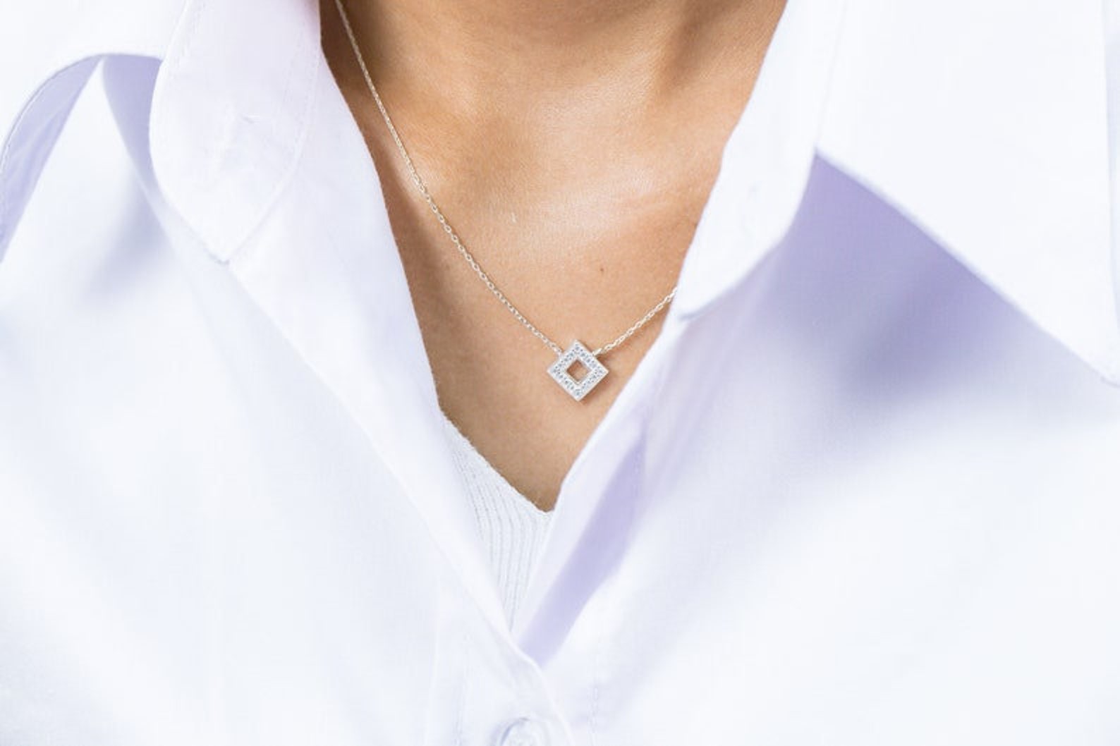 Diamond Open Square Necklace, Square Pedant Necklace Gift for Her, Minimalist Necklace, Geometric Necklace