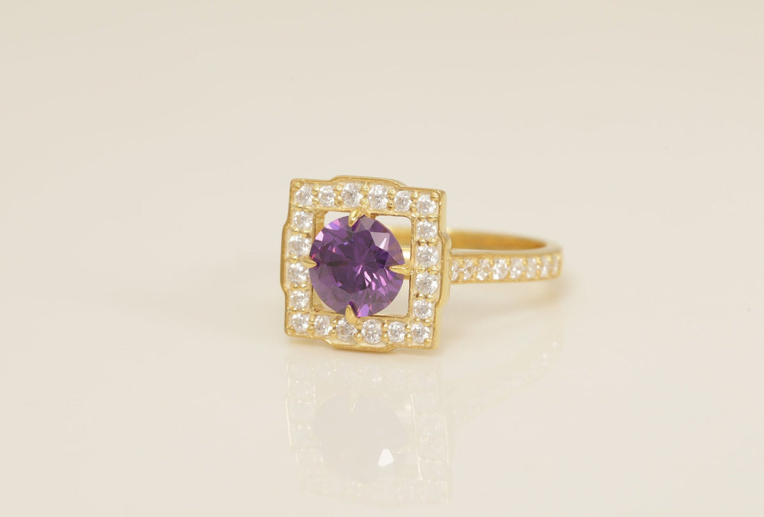 Diamond Halo Amethyst Engagement Ring, February Birthstone Ring, Bridal Promise Ring for Women, Anniversary Ring