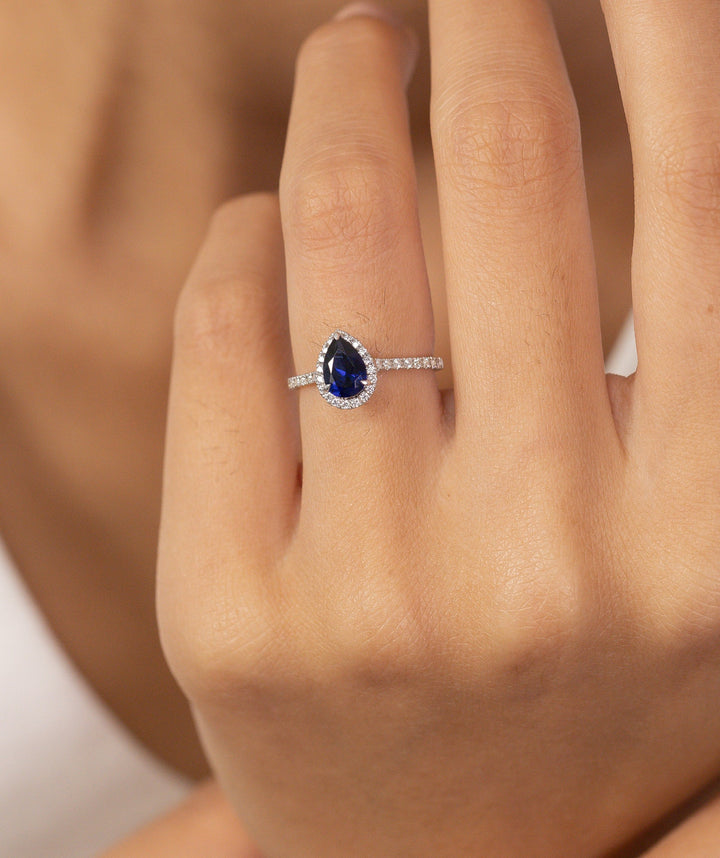 Pear Shaped Blue sapphire Engagement Ring, September Birthstone Ring, Halo Classic Ring, Vintage Blue Anniversary Gift for Women