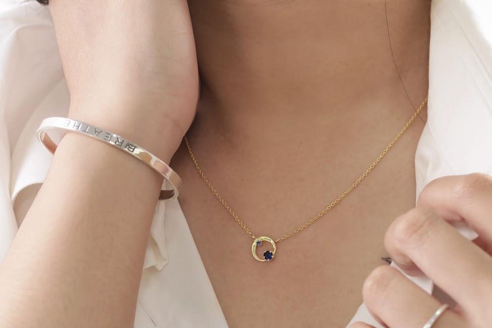 Blue Sapphire Karma Circle Necklace, September Birthstone Gift, Open Circle Karma Necklace, Tiny Circle Necklace, Layering Necklace