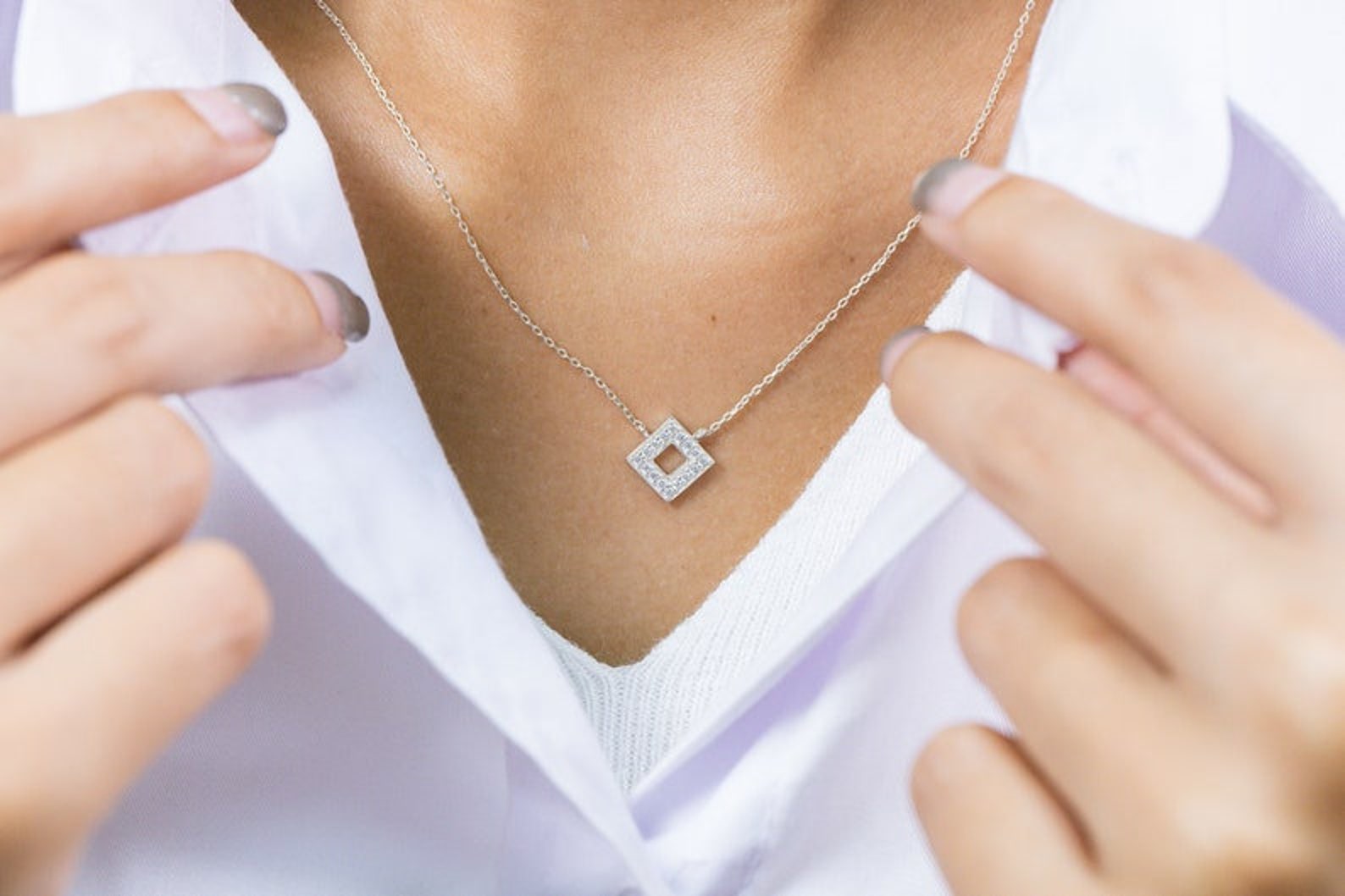 Diamond Open Square Necklace, Square Pedant Necklace Gift for Her, Minimalist Necklace, Geometric Necklace
