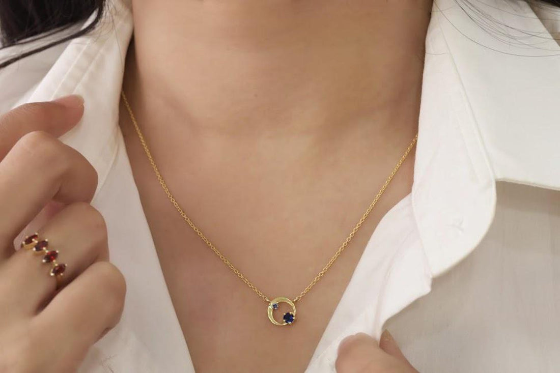 Blue Sapphire Karma Circle Necklace, September Birthstone Gift, Open Circle Karma Necklace, Tiny Circle Necklace, Layering Necklace