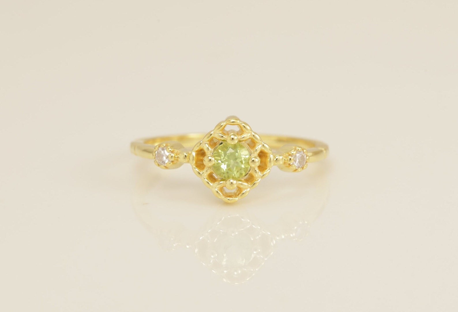 3.5mm Vintage Peridot Engagement Ring, August Birthstone Ring, Peridot Diamond Ring, Bridal Promise Ring Gift for Her