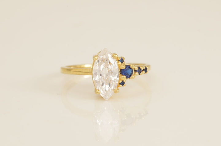 1.0 CT Marquise Cut Diamond Engagement Ring, Blue Sapphire Vintage Wedding Band, Promise Ring, Anniversary Ring Gift for Her