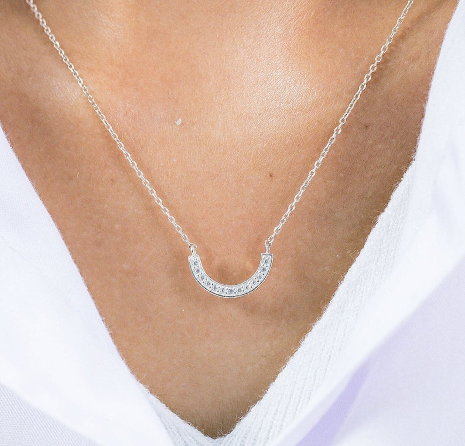 Diamond Curved Necklace, U Shape Necklace, Curved Cluster Diamond Necklace, Bridesmaid Gift, Gift for Her