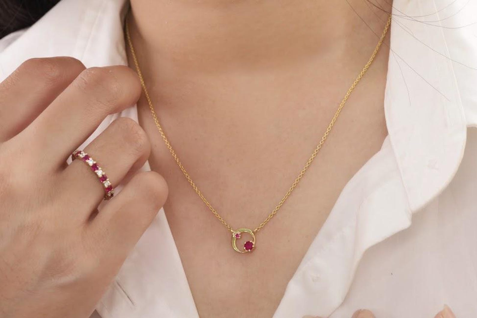 Ruby Karma Circle Necklace, July Birthstone Necklace, Open Circle Karma Necklace, Minimalist Circle Necklace, Layering Necklace