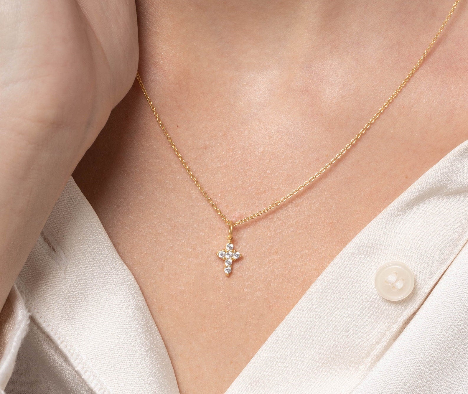 Minimalist Moissanite Cross Necklace / Tiny Cross Pendant Gift for Women / Religious Necklace Gift for Her / Cross Pendant