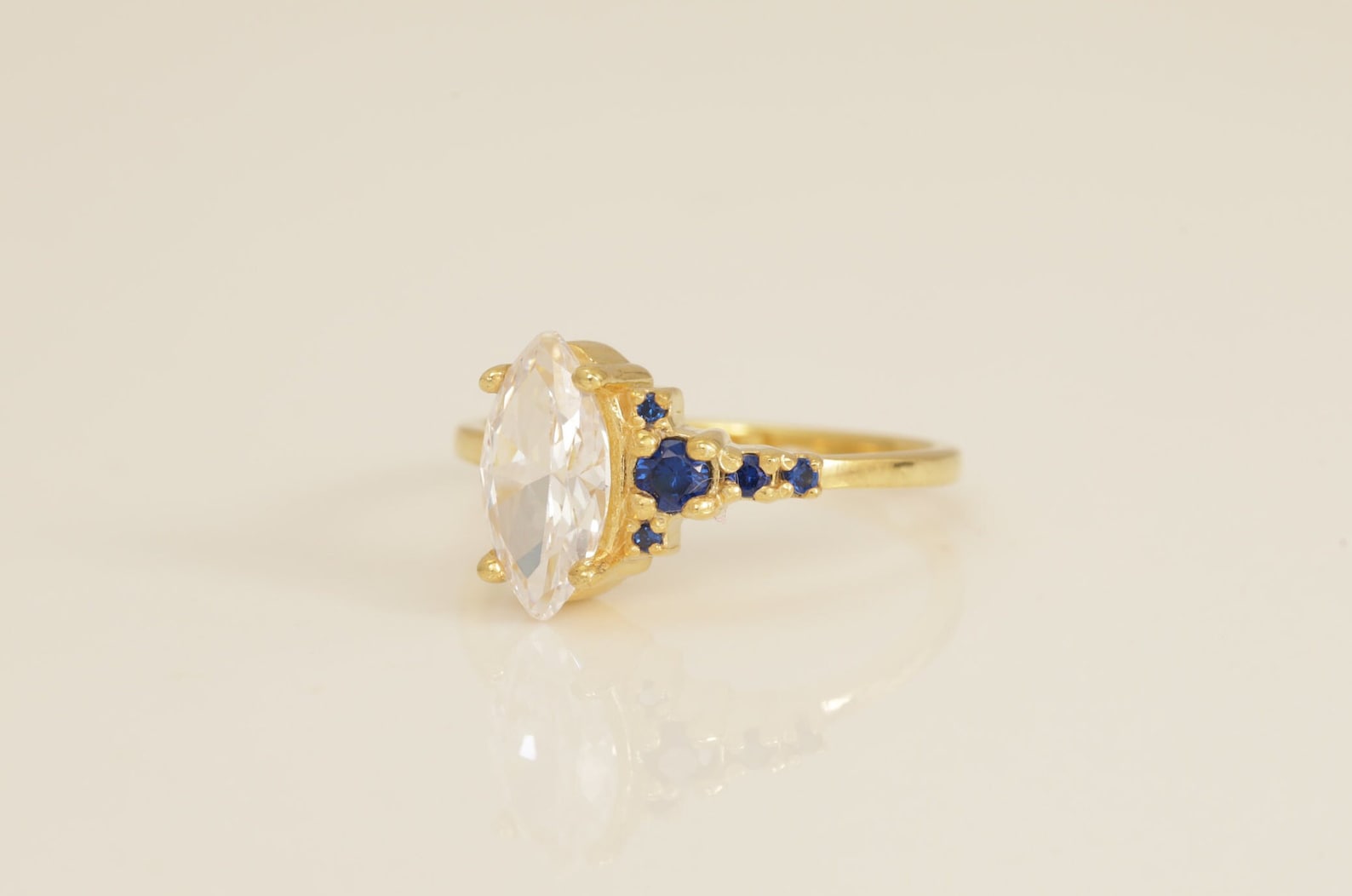 1.0 CT Marquise Cut Diamond Engagement Ring, Blue Sapphire Vintage Wedding Band, Promise Ring, Anniversary Ring Gift for Her