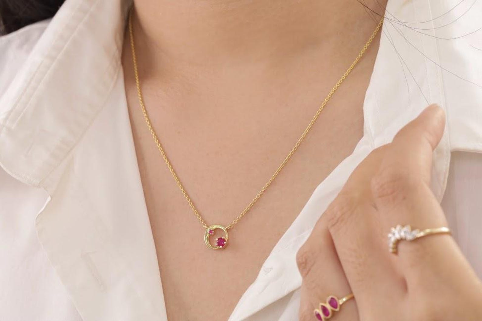 Ruby Karma Circle Necklace, July Birthstone Necklace, Open Circle Karma Necklace, Minimalist Circle Necklace, Layering Necklace