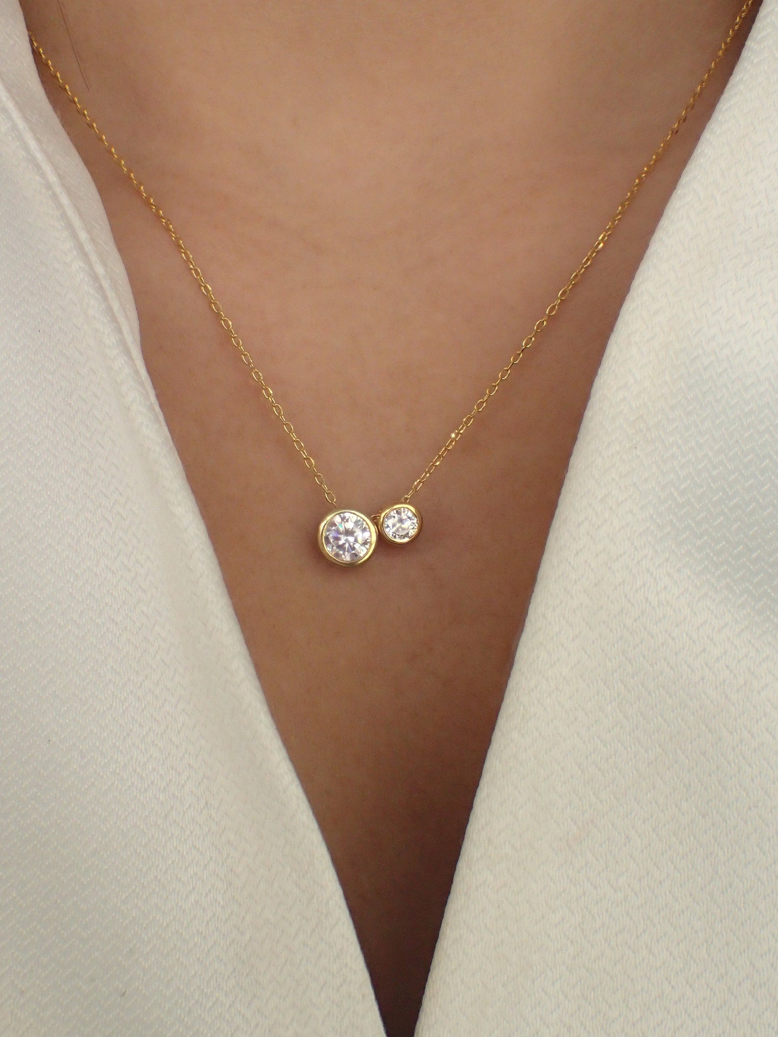 Solitaire Necklace / Delicate Diamond Necklace / Sterling Silver Bezel Set Necklace / Two Stones Layering Necklace