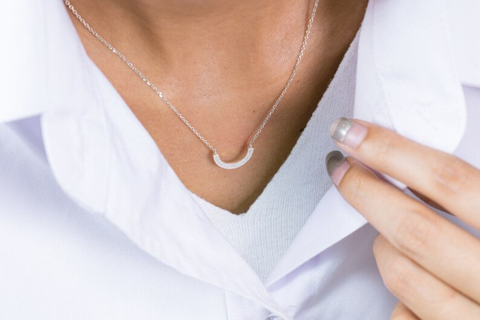 Diamond Curved Necklace, U Shape Necklace, Curved Cluster Diamond Necklace, Bridesmaid Gift, Gift for Her