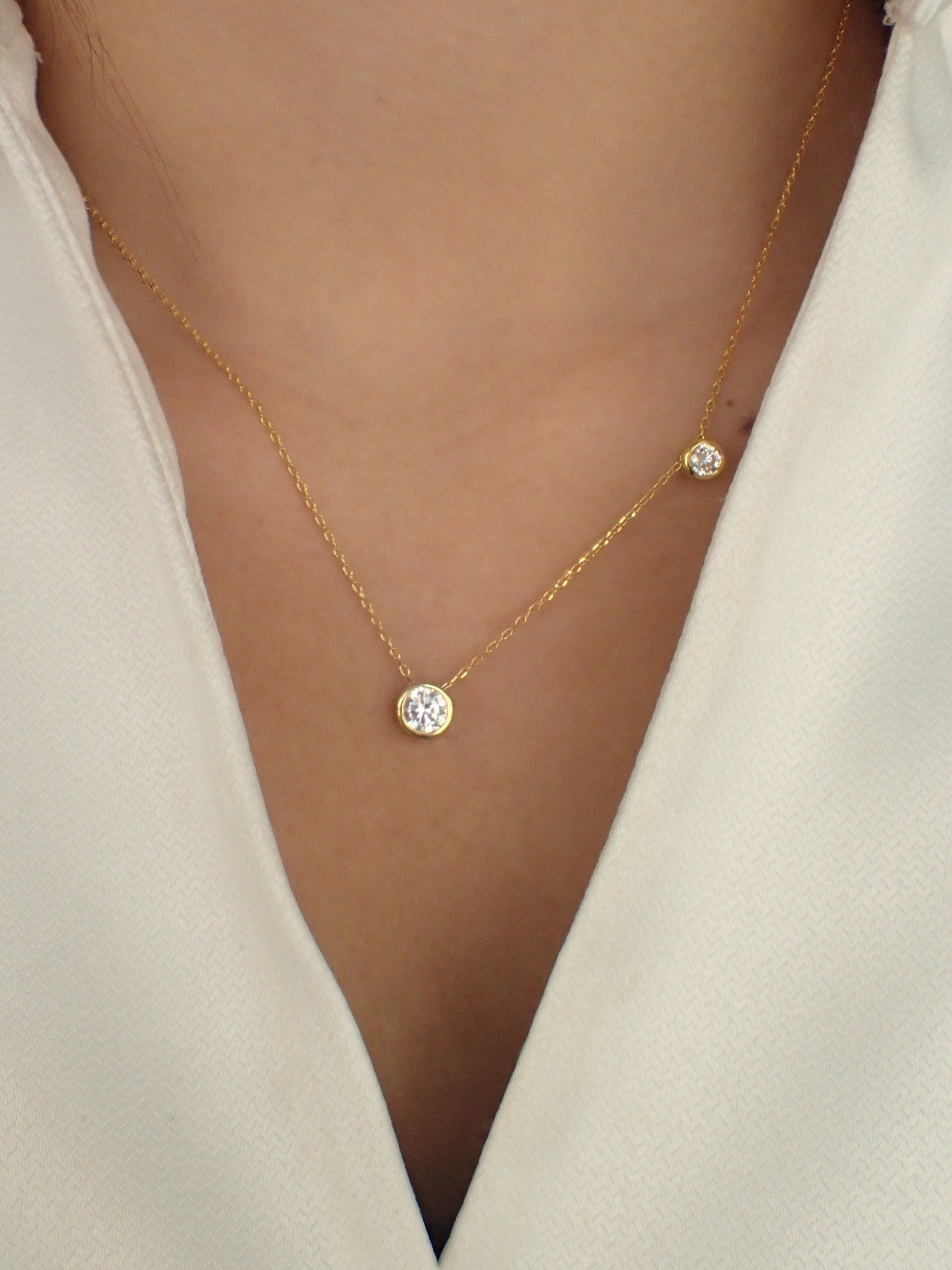 Solitaire Necklace / Delicate Diamond Necklace / Sterling Silver Bezel Set Necklace / Two Stones Layering Necklace