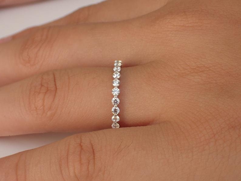 2.0 MM Single Prong Diamond Wedding Band / Floating Bubble Prong Stackable Band / Sterling Silver Full Eternity Stackable Band