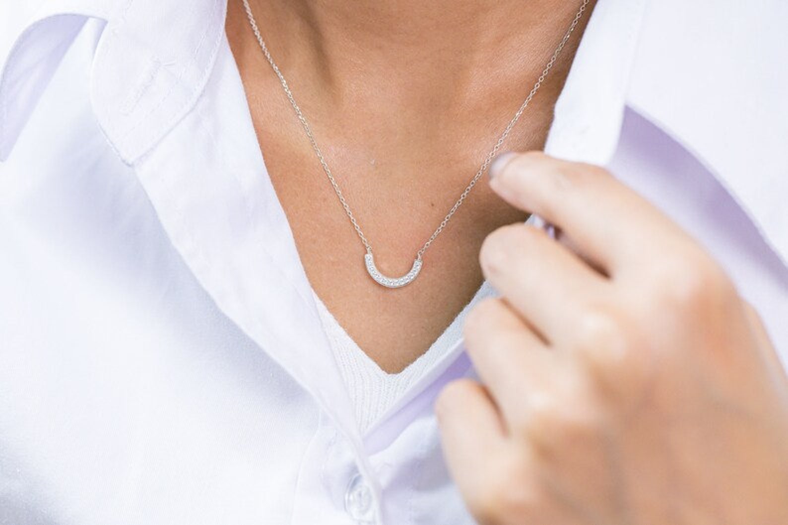 Diamond Curved Necklace, U Shape Necklace, Curved Cluster Diamond Necklace, Bridesmaid Gift, Gift for Her